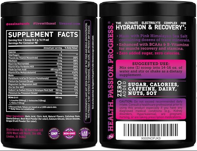 Zeal Naturals Electrolyte Powder Recovery Drink (90 Servings | Black Cherry) w 0 Sugar +BCAAs +B-Vitamins Electrolyte Supplement w Potassium Zinc & Magnesium for Hydration - Keto Electrolytes