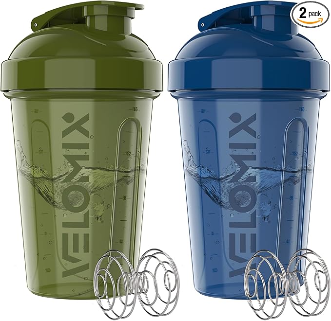 VELOMIX -2 Pack- 20 oz Protein Shaker Bottles for Protein Mixes - 2x Wire Whisk | Leak Proof Shaker Cups for Protein Shakes and Pre Workout | Protein Shaker Bottle Pack (Green/Blue)