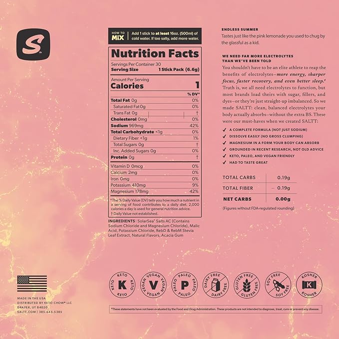 SALTT Electrolytes Powder Flavored Drink Mix - Endless Summer - 30 Hydration Packets - Magnesium, Potassium, Sodium, Trace Minerals - Zero Sugar & Gluten Free - Travel Essentials