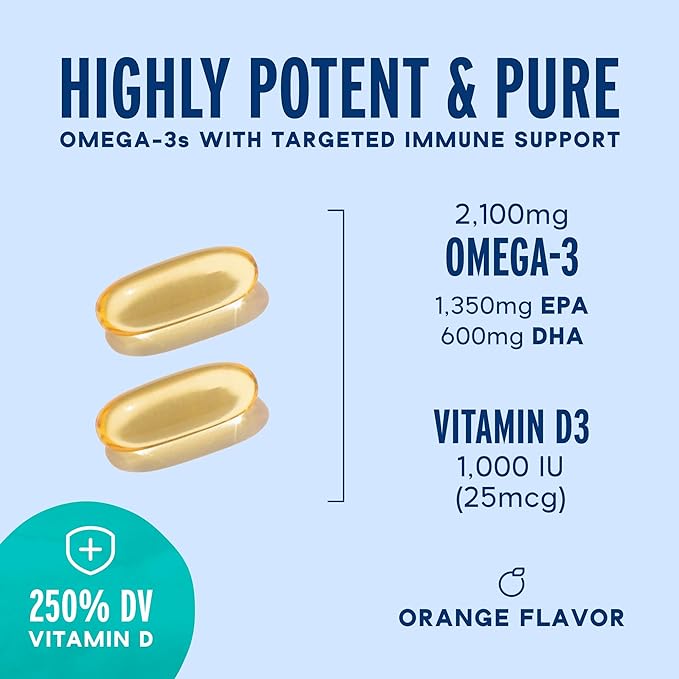 Oceanblue Professional Fish Oil with Vitamin D3 | Triple Strength 2100mg Omega 3 DPA EPA DHA | Wild Caught | Burpless Orange Flavor, 90 Servings (180 Count)