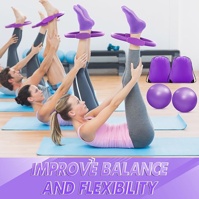 Poen 18 Pcs Pilates Ring Kit Home Pilates Ring Circle and Ball Set for Women Yoga Fitness Set with 5 Resistance Band Stretching Strap Non Slip Sock Ball Core Slider Wristband Headband Gym Bag