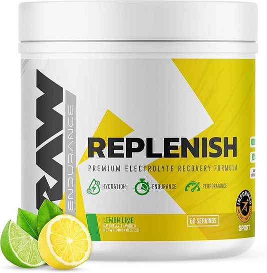RAW Replenish, Premium Electrolytes Powder Recovery Formula, Lemon Lime (60 Servings) - Flavored Electrolyte Drink Mix Supplement for Hydration, Replenishment, Endurance & Performance Workouts