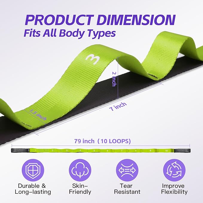 ROSAPOAR Stretching Strap with Loops - Non Elastic Yoga Straps for Physical Therapy, Durable Stretch Bands for Exercise, Flexibility Training, Hamstring & Leg Stretcher, Yoga/Pilates/Gymnastics