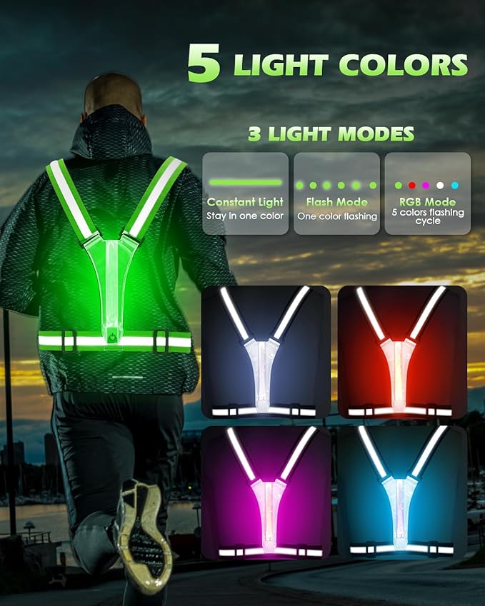 Zacro LED Reflective Vest Running Gear, 5 Lights Colors High Visibility Reflective Running Gear Rechargeable Light Up Running Vest for Walking Running Cycling, Adjustable for Men Women Kids