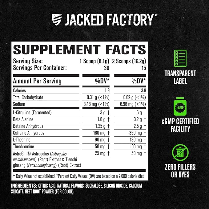 Jacked Factory NITROSURGE Pre Workout Supplement - Endless Energy, Instant Strength Gains, Clear Focus, Intense Pumps - NO Booster & Preworkout Powder with Beta Alanine - 30 Servings, Cherry Limeade