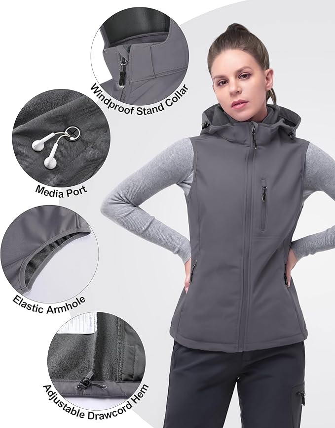 33,000ft Women's Hooded Lightweight Softshell Vest Fleece Lined Windproof Zip Up Sleeveless Jacket for Hiking Golf Running