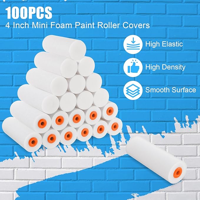 100 Pcs 4 Inch Foam Paint Roller with 2 Handles, Mini High Density Foam Roller Refills Paint Edger Tool for Walls Brings Smooth Finishes Flat Surfaces (White)