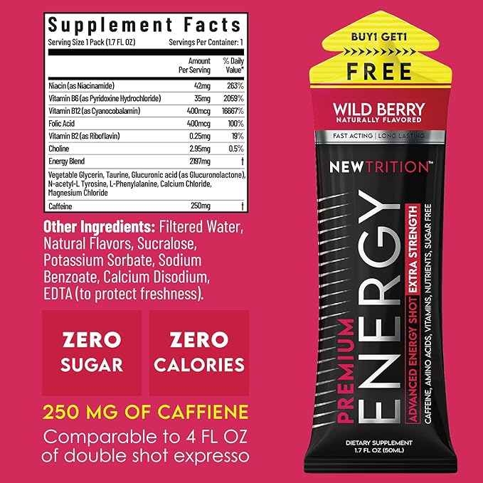 NewTrition® Extra Strength Energy Shots, 250mg Caffeine Energy Shots with Vitamin B & Amino Acids, Sugar-Free Vitamin Energy Shot, 1.7 fl oz (Pack of 24, Wild Berry)