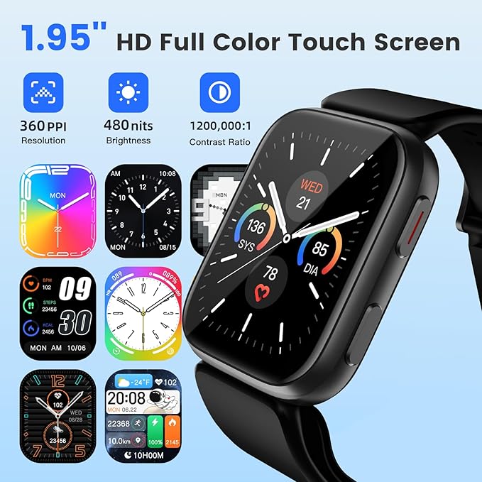 YHE Smart Watch Blood Pressure, 1.95'' Blood Pressure Watch with Air Pump Cuff, Blood Pressure Monitor for Sleep and Sports Tracking for Android iOS Supports Data Sharing, Reminder Monitoring Etc