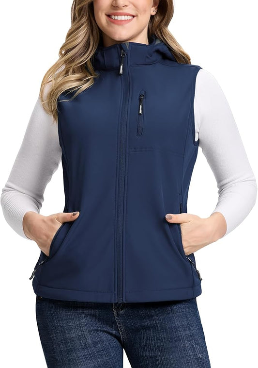 Outdoor Ventures Women's Hooded Lightweight Softshell Vest, Windproof Fleece Lined Sleeveless Jacket for Golf Running Travel