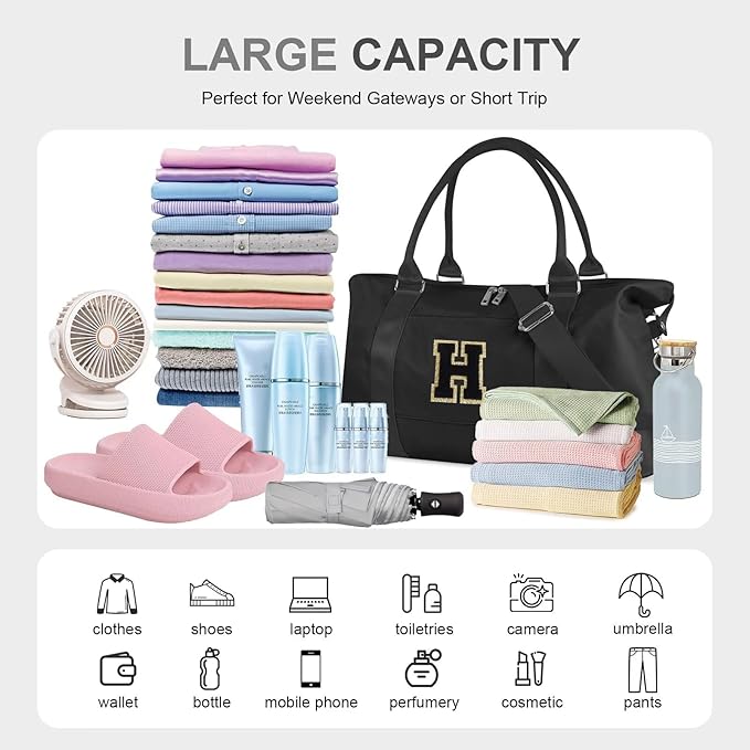 Dance Gym Duffel Bag for Teen Girls, Personalized Initial Travel Weekender Bag,Cute Overnight Carry On Duffle for Women,Sports Travel Cheer Bag,Monogram Christmas Gifts for Tween Preppy(black-H)