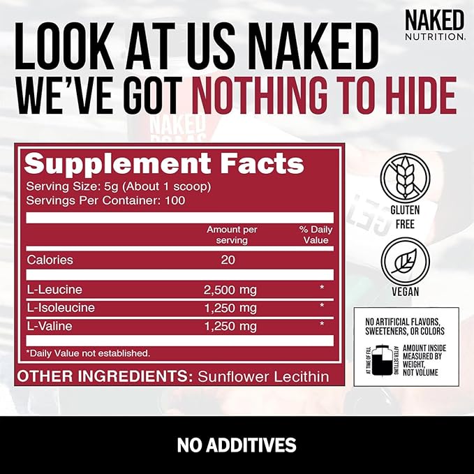 NAKED BCAAs Amino Acids Powder, Only 1 Ingredient, Pure 2:1:1 Formula, Vegan Unflavored Branched Chain Amino Acids, Instantized All Natural BCAA Supplement - 500 Grams, 100 Servings