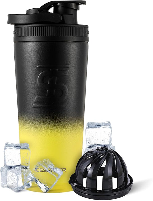 Ice Shaker Insulated Stainless Steel Shaker Bottle | 26oz, Yellow/black | Cold for 30+ Hours | Insulated Cup with Twist-on Agitator | Odor-Free Bottle for Protein Shakes, Water, Smoothies, Cocktails