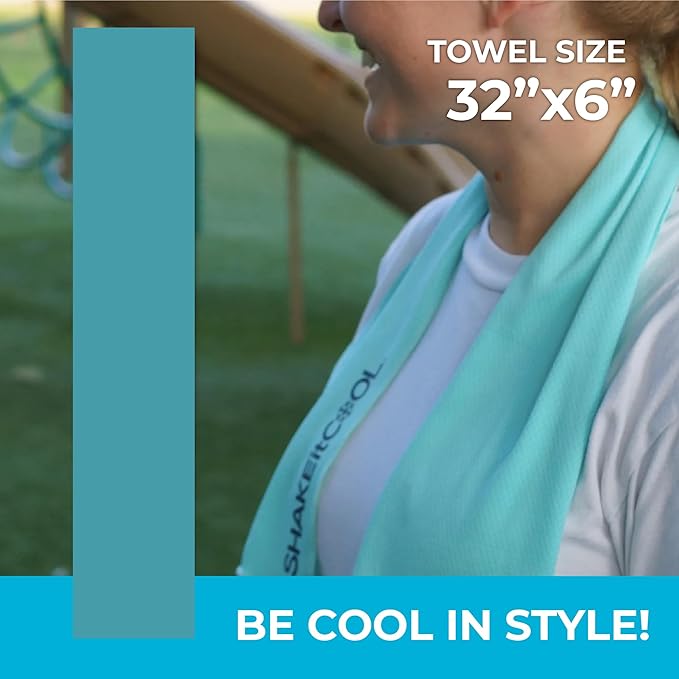SHAKEitCOOL Original Cooling Towel โ Be Cool in Style - Heat Relief, Soft, Lightweight, Sun Protection, Easy Clean - Perfect for Biking, Running, Yoga, Gym, Gardening - Teal