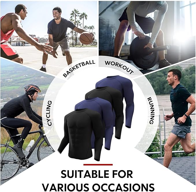 CL convallaria 4 Pack Compression Shirts Men Long Short Sleeve Cooling Dry Rash Guard Athletic Workout T Shirt for Sports