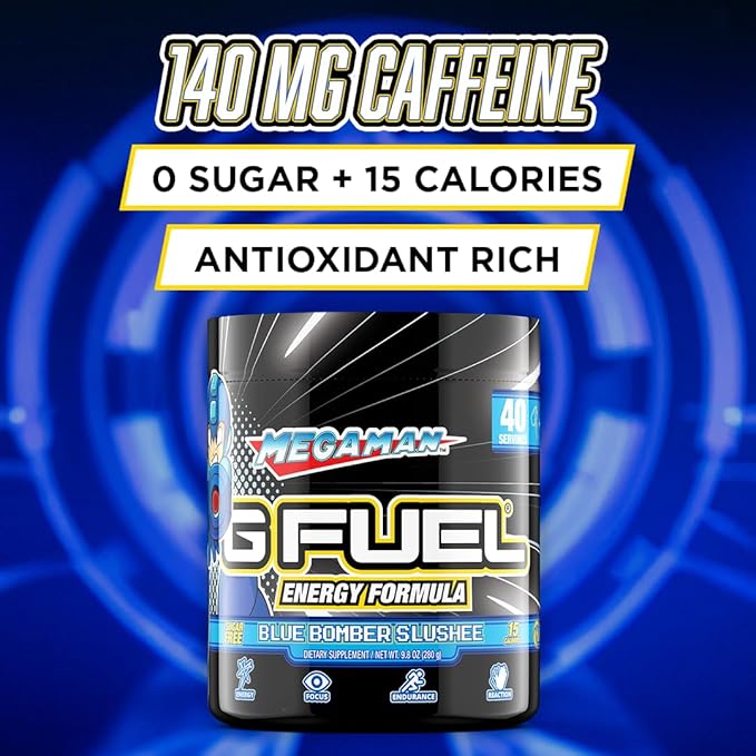 G Fuel Megaman Energy Drink Powder, Pre Workout Caffeine Mix for Gaming, Sugar Free Focus Amino, Vitamin + Antioxidants, 9.9oz (Blue Slushee, 40 Servings)