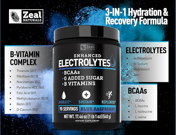 Zeal Naturals Electrolyte Powder Recovery Drink (90 Servings | Blue Raspberry) w 0 Sugar +BCAAs +B-Vitamins Electrolyte Supplement w Potassium Zinc & Magnesium for Hydration - Keto Electrolytes