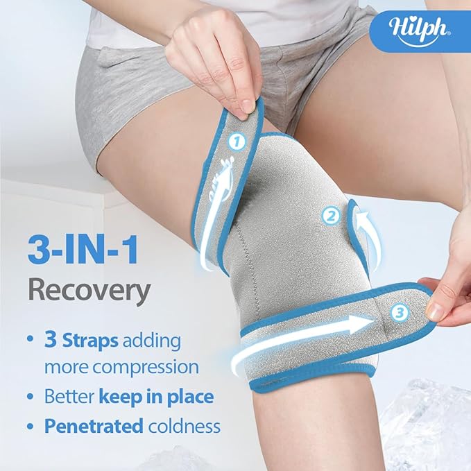 Hilph Large Hot & Cold Therapy Knee Ice Wrap with Dual Gel Packs & Adjustable Brace for Full Knee Coverage, Pain Relief for Replacement Surgery, Arthritis, ACL, Meniscus Tear, Women, Men Grey