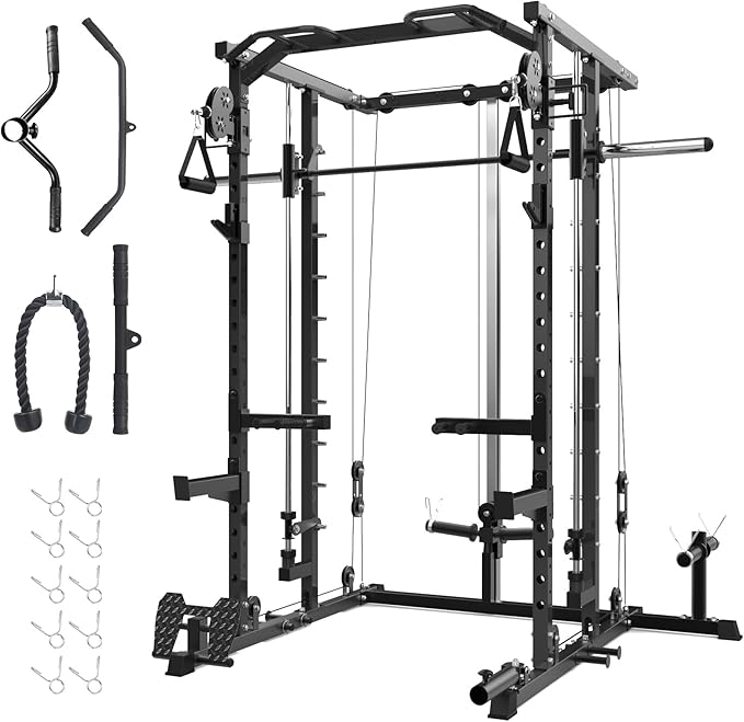 GarveeLife Power Cage, Smith Machine Squat Rack, Heavy Duty Power Rack for Home Gym with Pulley System, Dip Bar, LAT Pulldown, Multifunctional Squat Rack for Home Gym