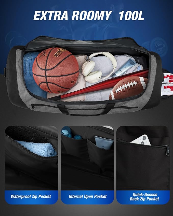 Gonex Gym Duffel Bag with Shoe Compartment Wet Pocket, Large Capacity Sports Duffle Bag for Men Women, Workout & Travel Bag with Multiple Pockets, Black/Gray, Large (100L)