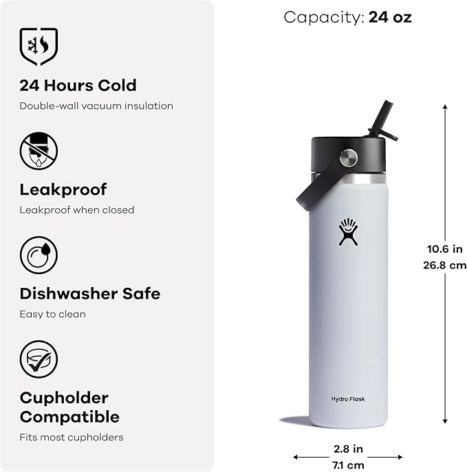 Hydro Flask Water Bottle - Insulated Stainless Steel - Wide Mouth Flex Straw Lid, Non Spill, Leakproof and Refillable in 24 Oz Polar Plunge