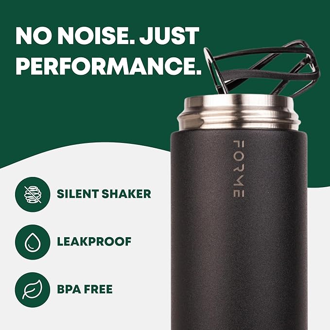 FORME - Blender Shaker Bottle, Leakproof Double Insulated Stainless Steel, Noiseless Shaker Bottle for Hot & Cold Drinks, Ideal for Protein & Supplement Shakes (Charcoal, 33.8 ounces)