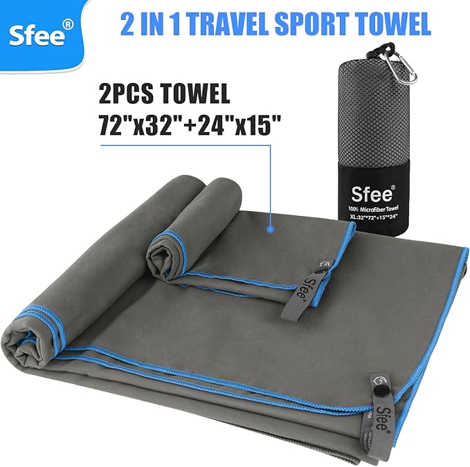 Sfee 2 Pack Microfiber Travel Towel, Quick Dry Camping Towel Large Beach Towel Super Absorbent Compact Lightweight Sports Gym Towels Set for Gym, Hiking, Pool, Backpacking,Bath,Yoga