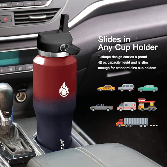 SENDESTAR 40oz Water Bottle Wide Mouth Stainless Steel Vacuum Insulated Double Wall with Straw Lids Fit in Any Car Cup Holder