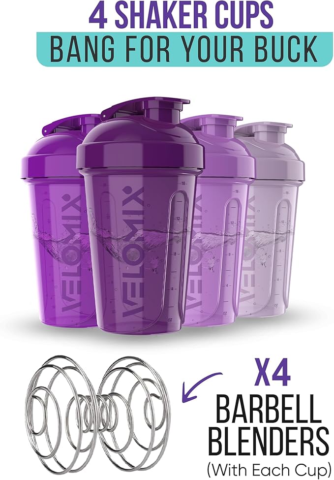 VELOMIX -4 PACK- 20 OZ Protein Shaker Bottles for Protein Mixes, Shaker Cups for Protein Shakes, Small Shaker Bottle Pack, Shaker Cup, Shakers for protein Shakes (Purple Bloom)