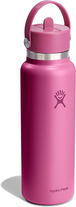 Hydro Flask Water Bottle - Insulated Stainless Steel - Wide Mouth Flex Straw Lid, Non Spill, Leakproof and Refillable in 40 Oz Reef Pink