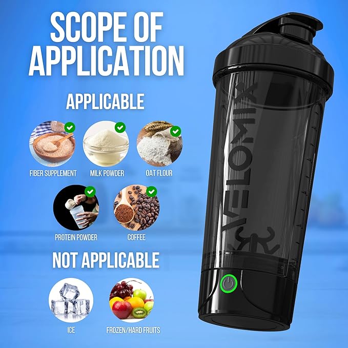 VELOMIX Electric Protein Shaker Bottle - 24 oz | USB-C Rechargeable | Leak Proof Shaker Cups for Protein Shakes | Portable Blender for Shakes and Smoothies (Electric-Black)