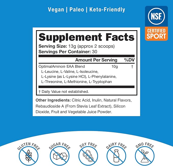 OptimalAmino Amino Acid Powder | 99% Utilized Essential Amino Acid (EAA) Supplement | Pre/Post Workout & Muscle Recovery | NSF for Sport Certified | Sour Green Apple Flavor