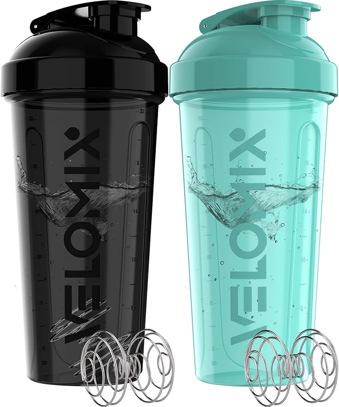 VELOMIX -2 Pack- 28 oz Protein Shaker Bottles for Protein Mixes - 2x Wire Whisk | Leak Proof Shaker Cups for Protein Shakes | Protein Shaker Bottle Pack (Black/Turquoise)