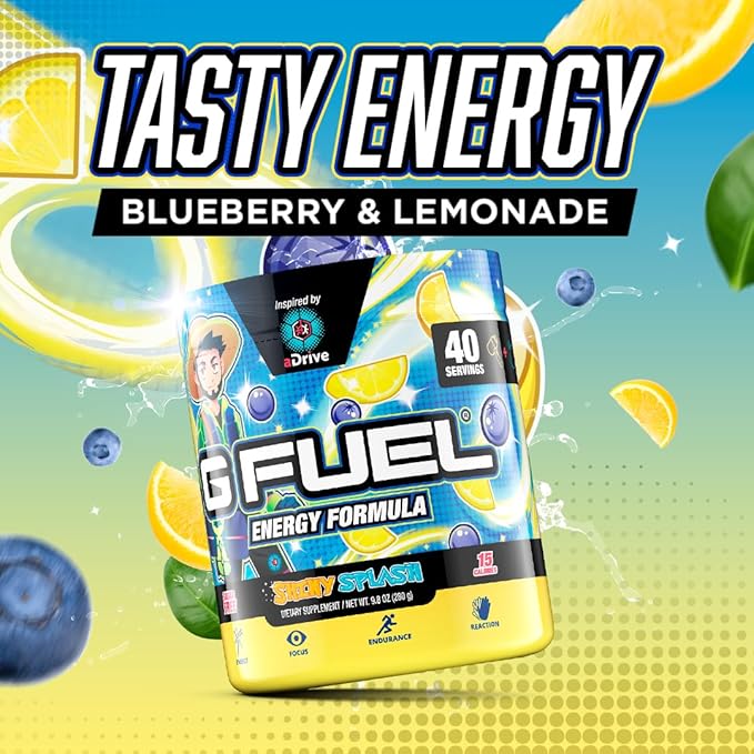 G fuel aDrive Energy Drink Powder, Pre Workout Caffeine Mix for Gaming, Sugar Free Focus Amino, Vitamin + Antioxidants, 9.9oz (Blueberry & Lemonade, 40 Servings)
