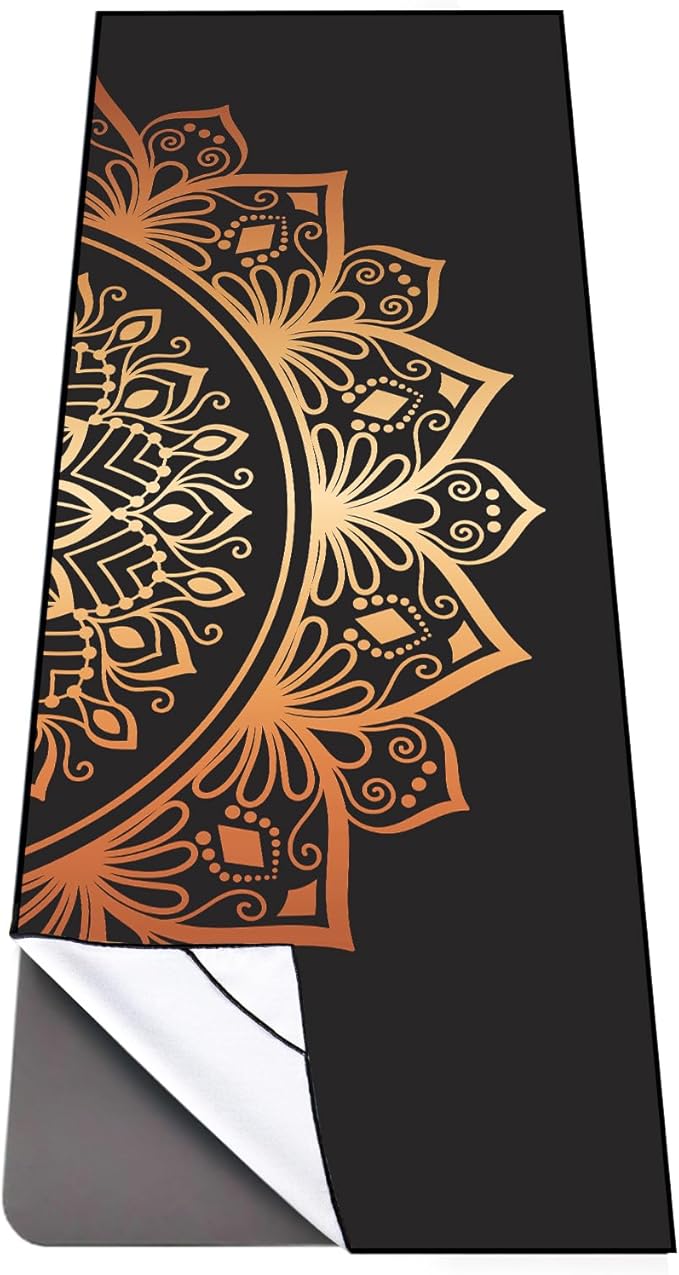QiyI Yoga Mat Towel with Corner Pockets, Non Slip Sweat Absorbent Hot Yoga Towels, Soft Yoga Blankets with Travel Bag, Skidless Mat Cover for Workout, Gym, Fitness - 70"x26", Luxury Golden Mandala