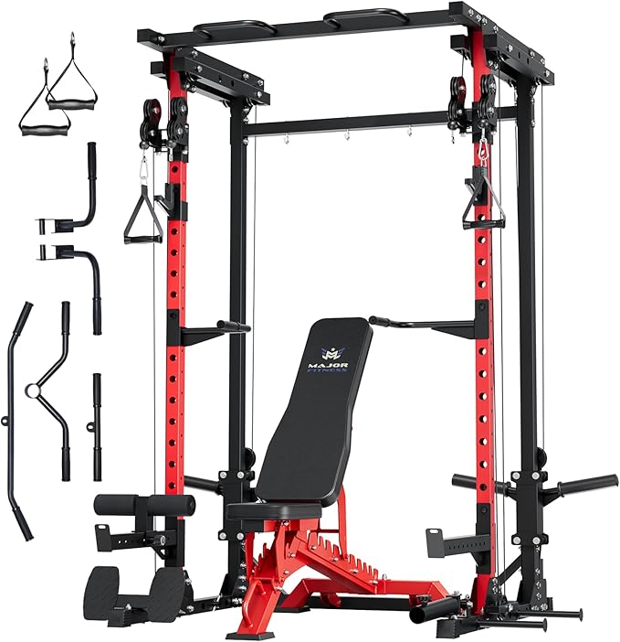 MAJOR FITNESS Drone3 Power Rack, Multi-Function Home Gym Squat Rack with Pull-Up Bar, Cable Crossover & J-Hooks, Heavy-Duty Steel Frame for Maximum Stability & Strength Training