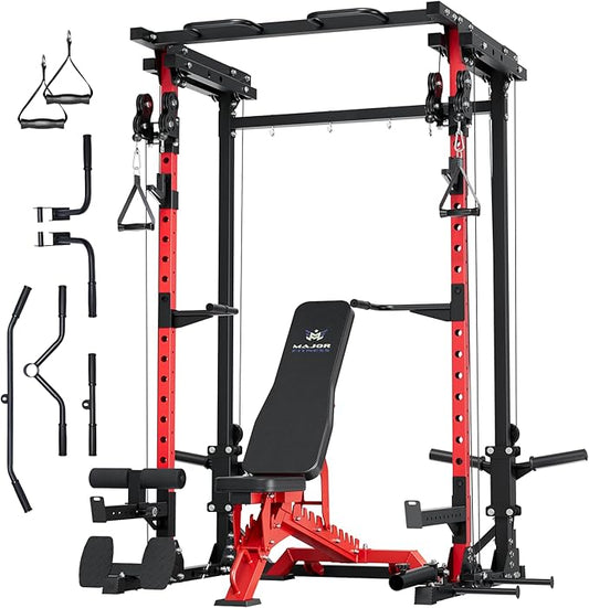 MAJOR FITNESS Drone3 Power Rack, Multi-Function Home Gym Squat Rack with Pull-Up Bar, Cable Crossover & J-Hooks, Heavy-Duty Steel Frame for Maximum Stability & Strength Training