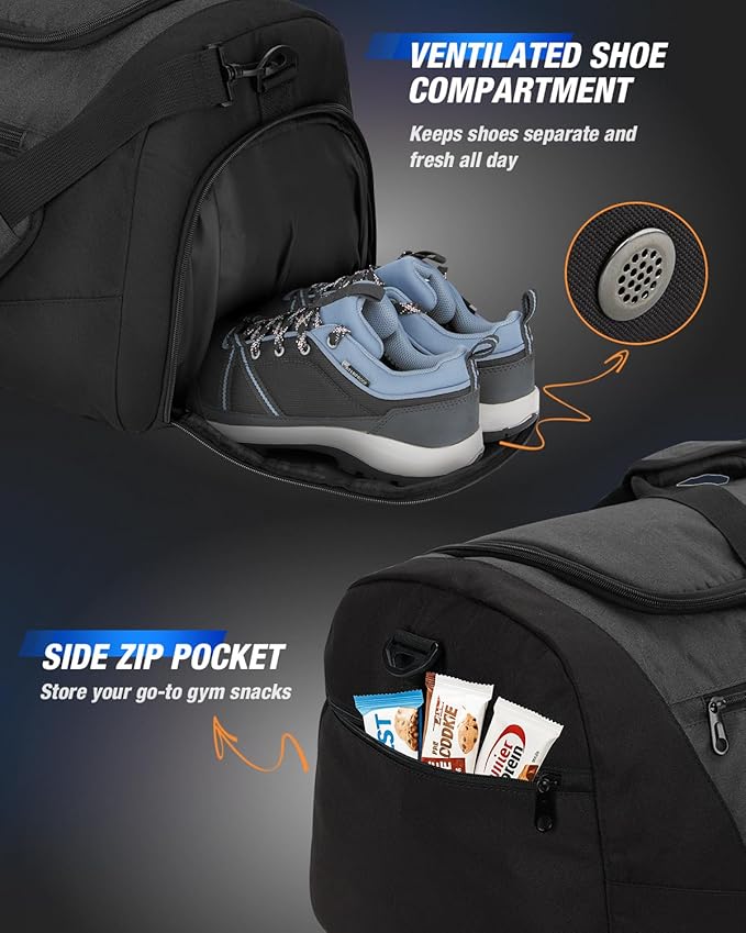 Gonex Gym Duffel Bag with Shoe Compartment Wet Pocket, Large Capacity Sports Duffle Bag for Men Women, Workout & Travel Bag with Multiple Pockets, Black, Medium (60L)