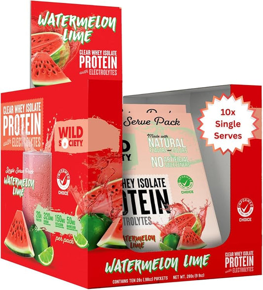 WILD SOCIETY - Clear Whey Protein + Electrolytes - Refreshing Whey Protein Isolate Powder - 20g Protein, 0 Sugar, No GMO - Travel Pack - 10x Singe Serves - Watermelon Lime