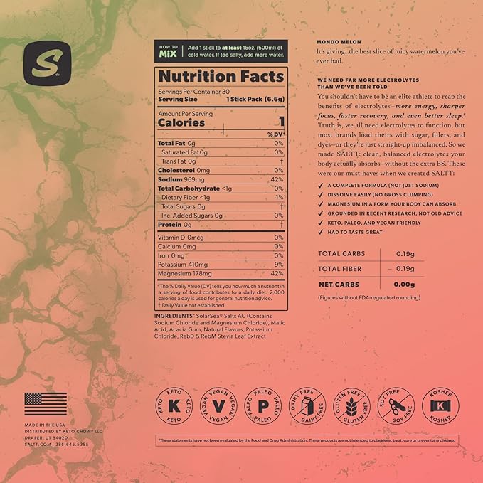 SALTT Electrolytes Powder Flavored Drink Mix - Mondo Melon - 30 Hydration Packets - Magnesium, Potassium, Sodium, Trace Minerals - Zero Sugar & Gluten Free - Travel Essentials
