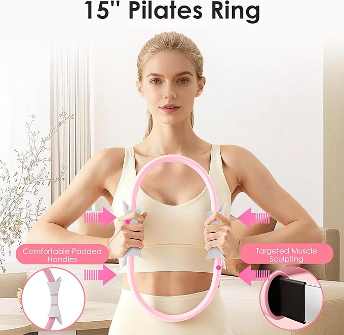 MIELIA 16 PCS Pink Pilates Ring and Ball Set for Women Home Gym, 15-Inch Magic Circle Yoga Ring, Adjustable Ankle Wrist Weights, Sliding Disc, Complete Fitness Equipment for Toning