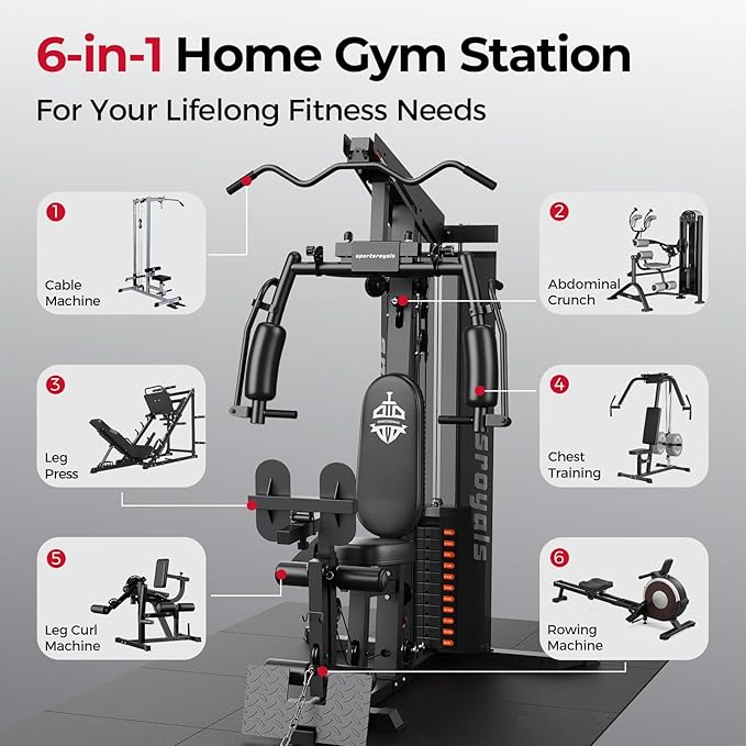 Sportsroyals Home Gym, Multifunctional Gym Equipment, Workout Equipment with 150LBS Weight Stack, for Leg Press, LAT Pull Down, Chest Presses