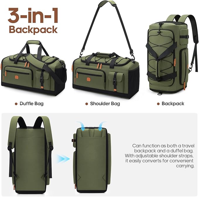 Gym Bag for Men and Women with Shoe & Laptop Compartment, 3-in-1 Sports Travel Duffel Bag Anti-Theft Weekender Carry-On Backpack for Airplane & Workout, Overnight Travel Bag,35L (Green, Medium)