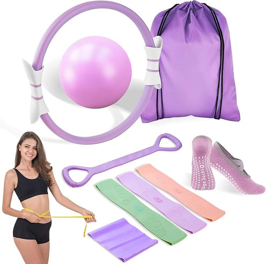 Luscinia Pilates Equipment Kit for Women Home Pilates Essentials Set with 14" Pilates Ring Circle 7" Pilates Ball Pilates Resistance Bands Figure 8 Band and Accessories Pink Pilates Kit for Beginners