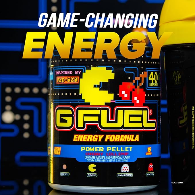 G Fuel Pac-Man Energy Drink Powder, Pre Workout Caffeine Mix for Gaming, Sugar Free Focus Amino, Vitamin + Antioxidants, 9.8oz (Cherry Lollipop, 40 Servings)