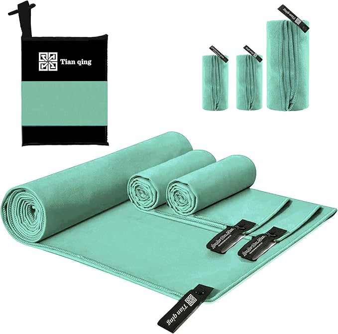Tian qing Microfiber Towel Set, 3 Piece, Fast Drying, Soft Touch, Lightweight, Multiple Sizes for Beach, Camping,Gym, Hiking,Pool,Yoga,Travel (Turquoise, Large)