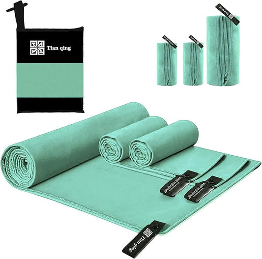 Tian qing Microfiber Towel Set, 3 Piece, Fast Drying, Soft Touch, Lightweight, Multiple Sizes for Beach, Camping,Gym, Hiking,Pool,Yoga,Travel (Turquoise, Large)