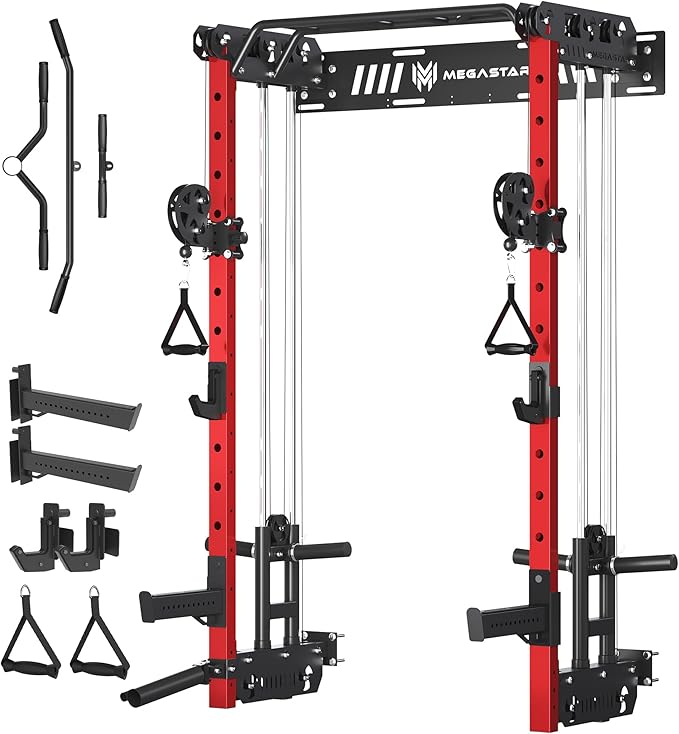 Wall Mounted Power Rack – 1600LB Capacity Compact Commercial Home Gym with Dual Cable Crossover, LAT Pulldown, Multi-Grip Pull-Up Bar & Landmine Attachment for Small Spaces, P67 Striker Red