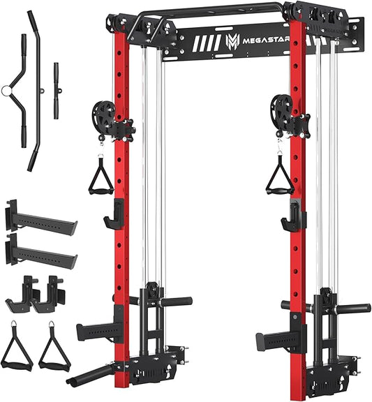 Wall Mounted Power Rack – 1600LB Capacity Compact Commercial Home Gym with Dual Cable Crossover, LAT Pulldown, Multi-Grip Pull-Up Bar & Landmine Attachment for Small Spaces, P67 Striker Red