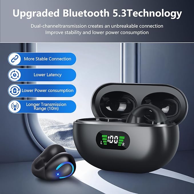 Open Ear Bone Conduction Headphones Wireless Bluetooth 5.3 Open Clip On Earbuds Built-in Mic with Ear Hooks 60 Hours Playtime Sport Earphones IPX7 Waterproof for Fitness Running Walking Black